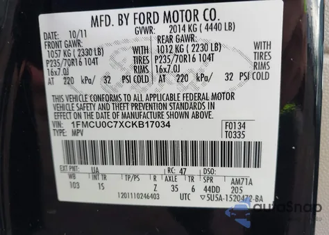 2012 Ford Escape Xls из США, поврежденный, VIN 1FMCU0C7XCKB17034